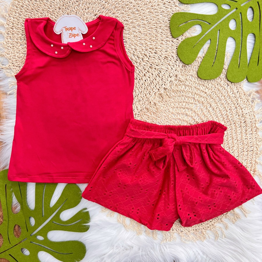 Conj. Regata com Gola Perolada e Short em Lese - Vermelho